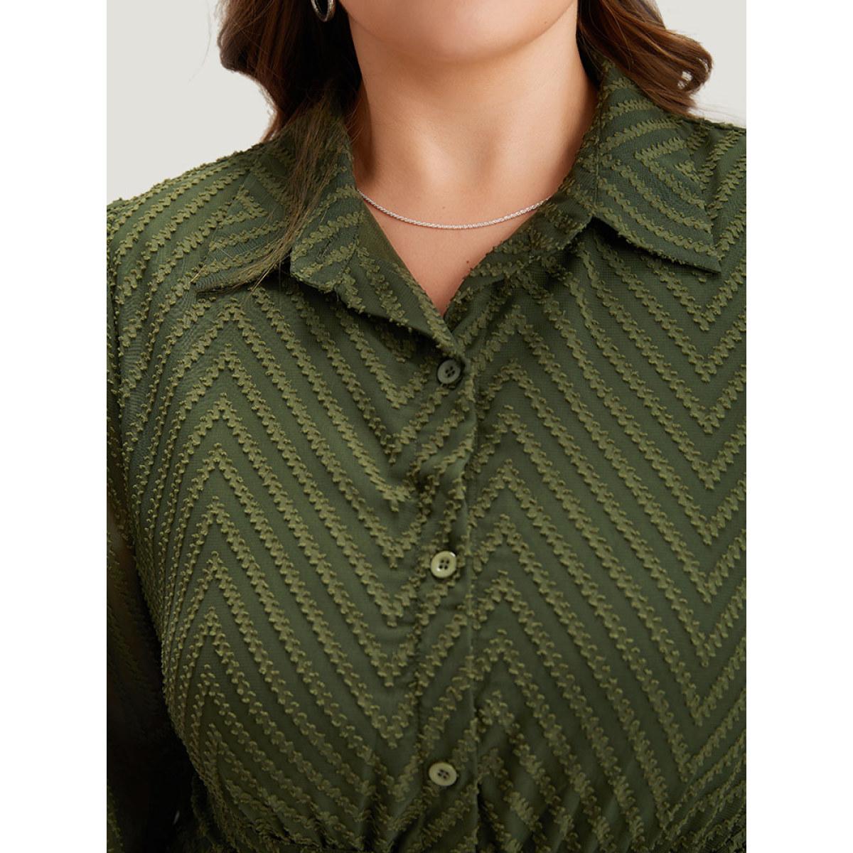 Plus Size Shirred Belted Pocket Shirt Collar Button Through Dress ArmyGreen Women Office Elastic cuffs Shirt collar Long Sleeve Curvy Midi Dress BloomChic 18-20/2X Product Image
