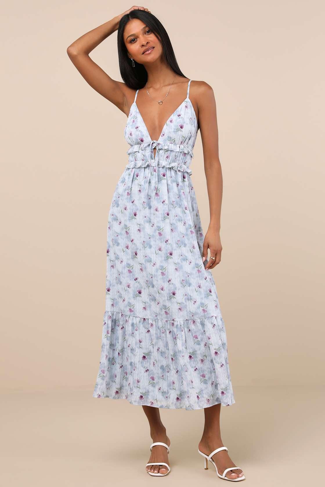 Sandi Light Blue Floral Tie-Front Midi Dress Product Image
