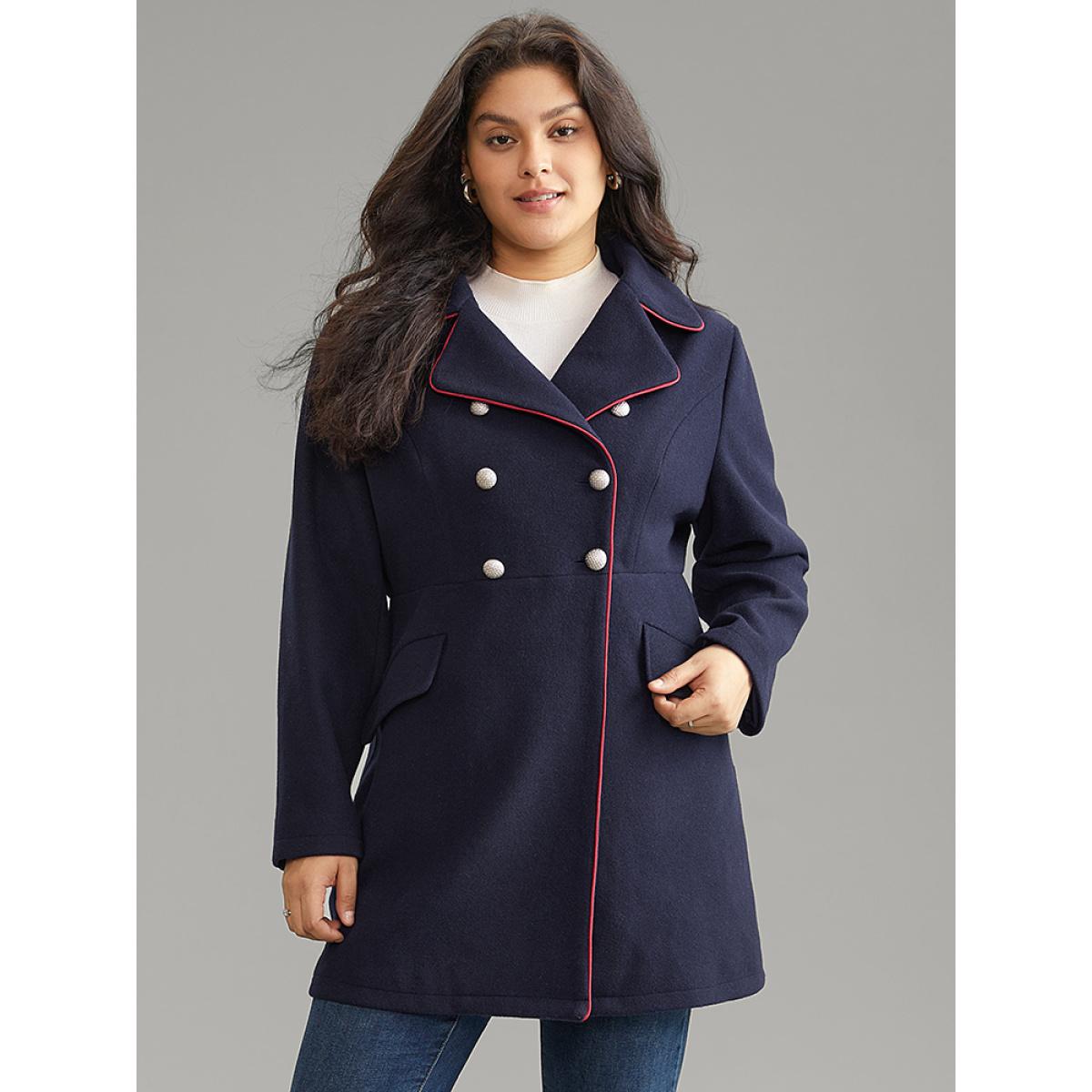 Plus Size Contrast Trim Buckle Detail Flap Pocket Lapel Collar Coat Women Indigo Casual Lined Ladies Dailywear Winter Coats BloomChic 30/6X Product Image