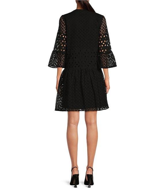 tyler boe Ingrid Eyelet Crew Neck Split V 3/4 Bell Sleeve Tiered Dress Product Image