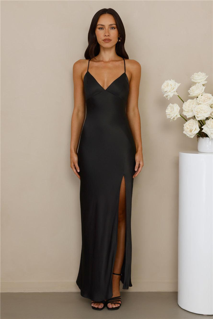 The Sophia Satin Maxi Dress Black Product Image