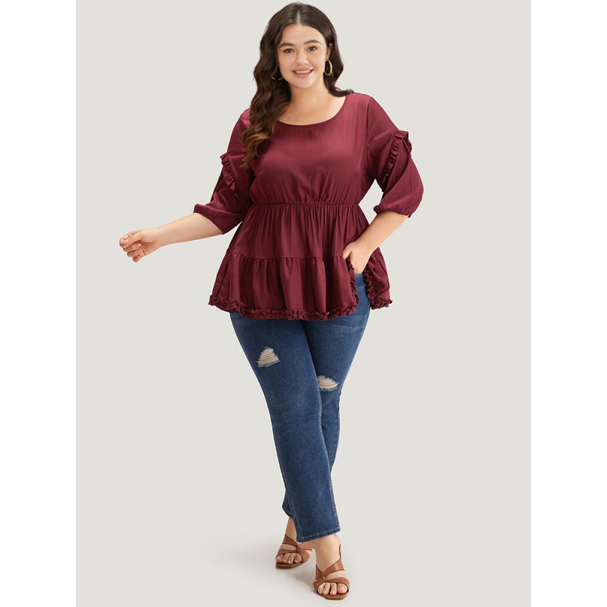 Plus Size Burgundy Plain Frill Trim Layered Hem Lantern Sleeve Blouse Women Elegant Elbow-length sleeve Round Neck Dailywear Blouses BloomChic 22-24/3X Product Image