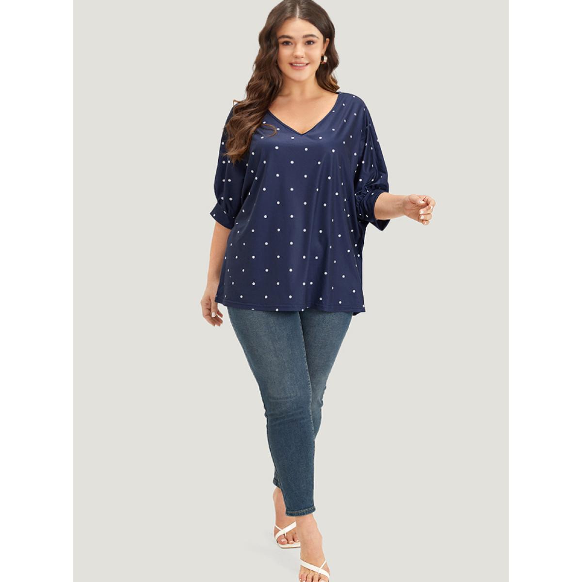Plus Size Polka Dot V Neck Lantern Sleeve T-shirt Indigo Women Elegant Elastic cuffs Polka Dot V-neck Dailywear T-shirts BloomChic 12/L Product Image