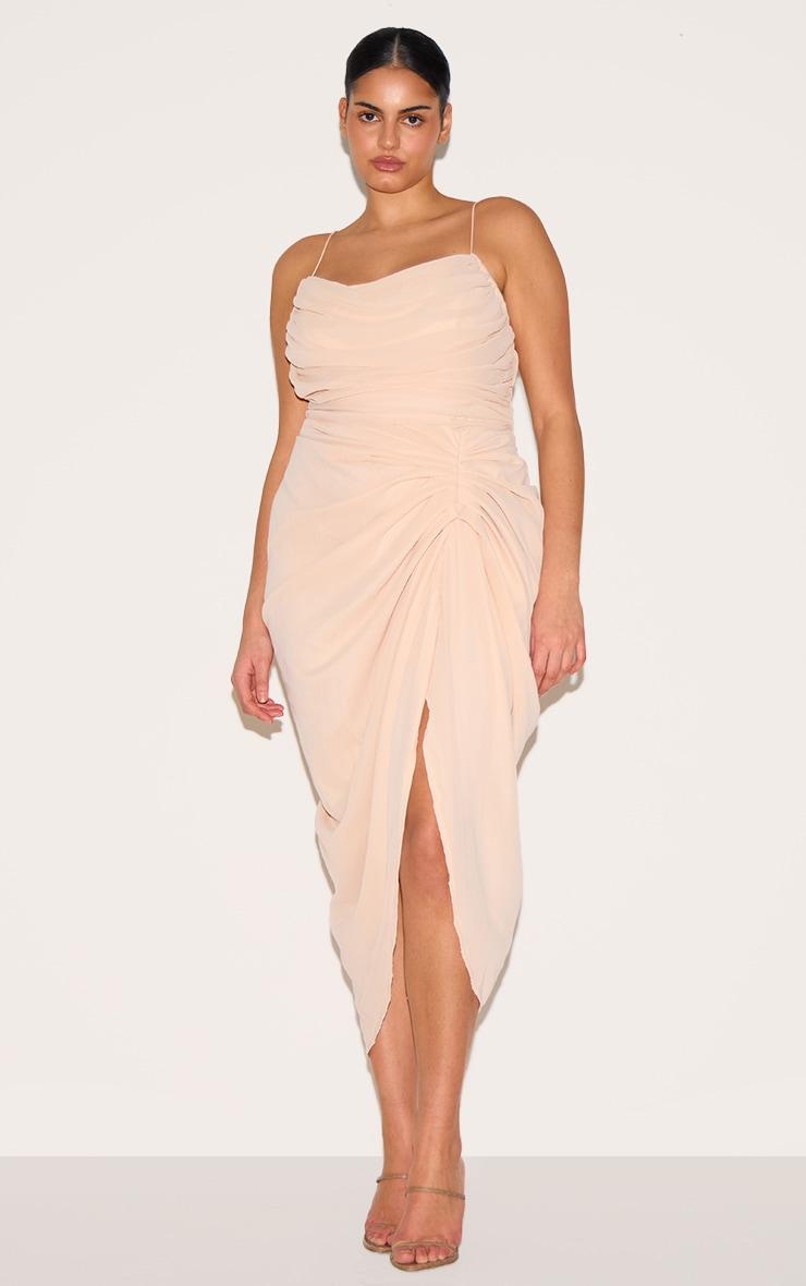 Plus Cream Ruched Drape Midi Dress Product Image