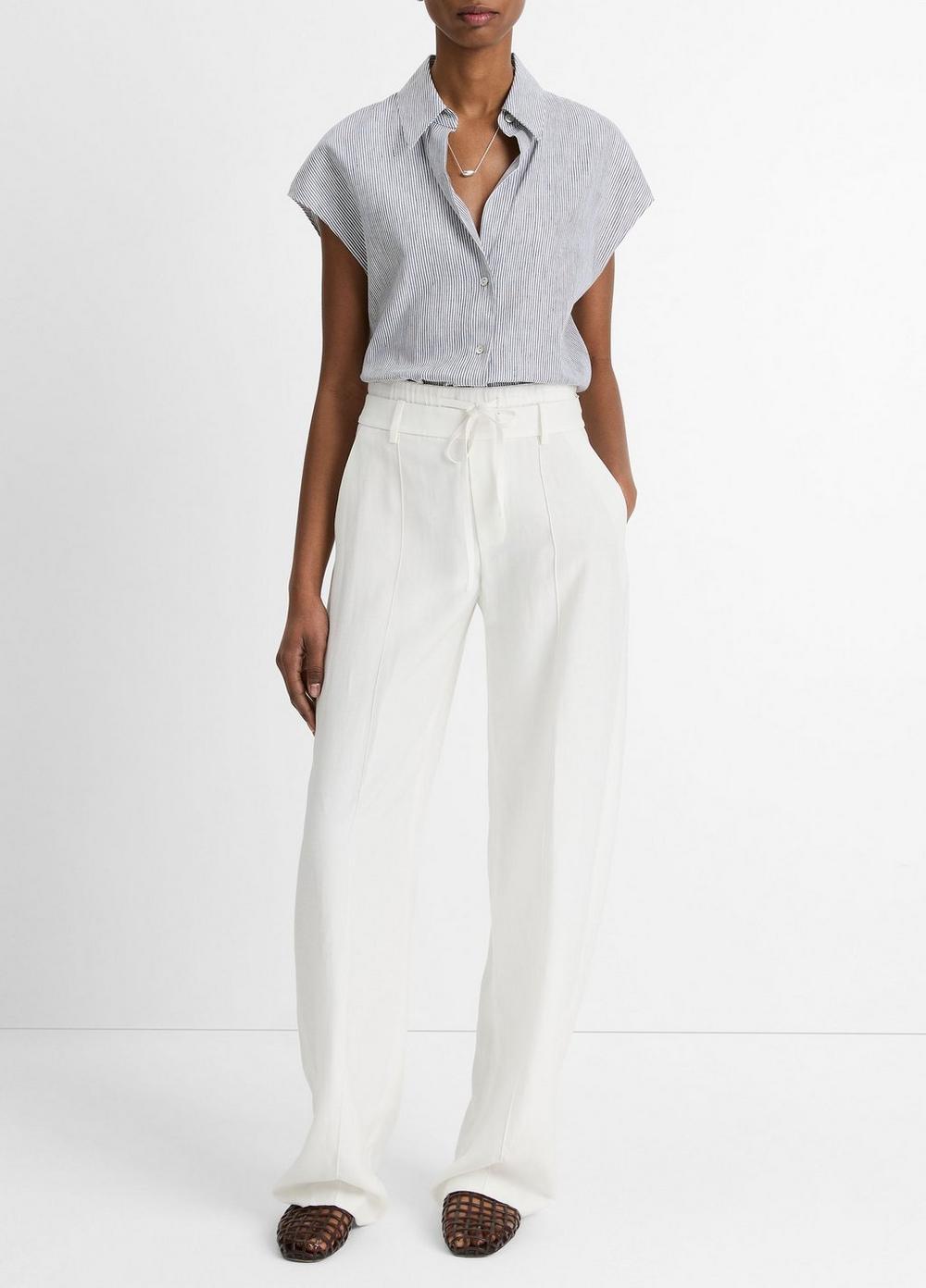 Ticking Stripe Linen-Cotton Cap-Sleeve Blouse Product Image