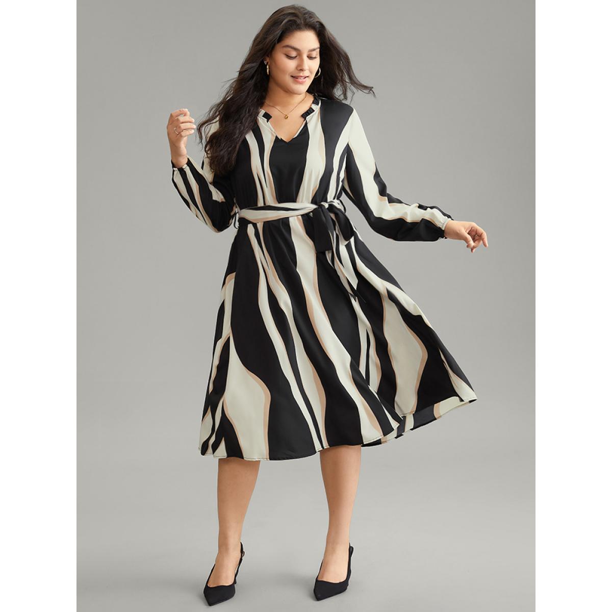 Plus Size Colorblock Striped Notched Belted Lantern Sleeve Dress Black Women At the Office Elastic cuffs Notched collar Long Sleeve Curvy Midi Dress BloomChic 22-24/3X Product Image