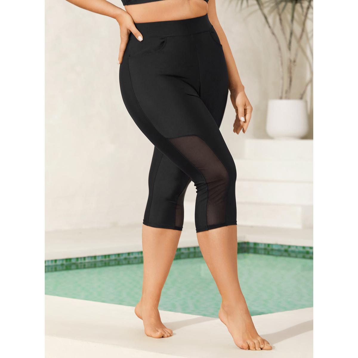Plus Size Sheer Skinny-Fit Crop Swim Bottoms Women's Swimwear Black Beach See through High stretch Skinny Mid Rise Side seam pocket Curve Swim Bottoms BloomChic 12/L Product Image