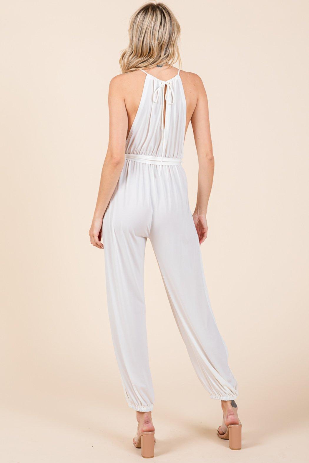 Halter Neck Shirred Belted Split Leg Jumpsuit Product Image