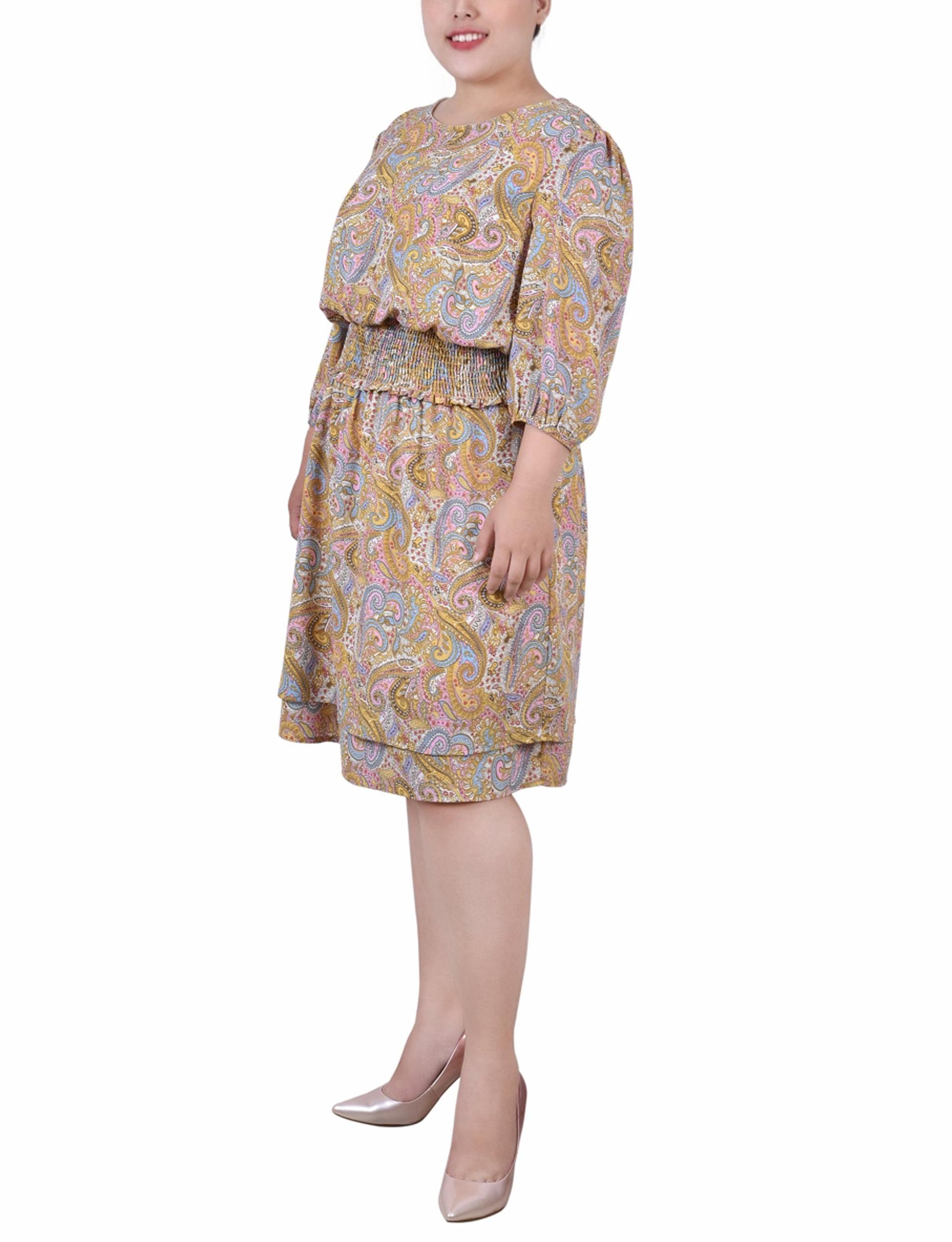 Yellow 3/4 Sleeve Dobby Smocked Waist Dress - Plus Size Product Image