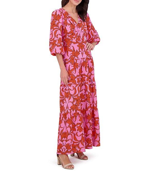 Vince Camuto Woven Floral Print V-Neck 3/4 Sleeve Tiered Maxi Dress Product Image