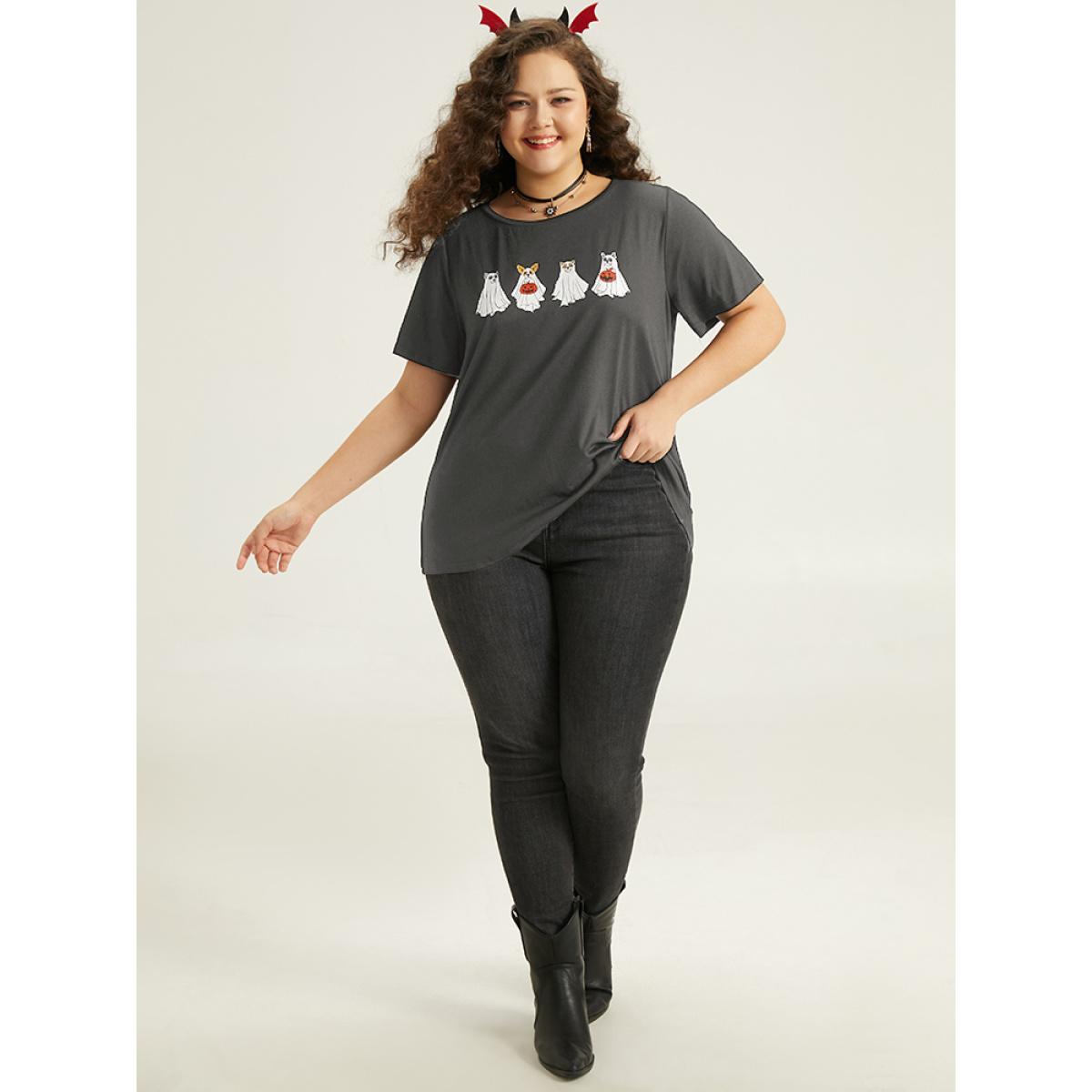Plus Size Supersoft Essentials Halloween Print Crew Neck T-shirt Gray Women Casual Printed Halloween Festival-Halloween T-shirts BloomChic 26/4X Product Image