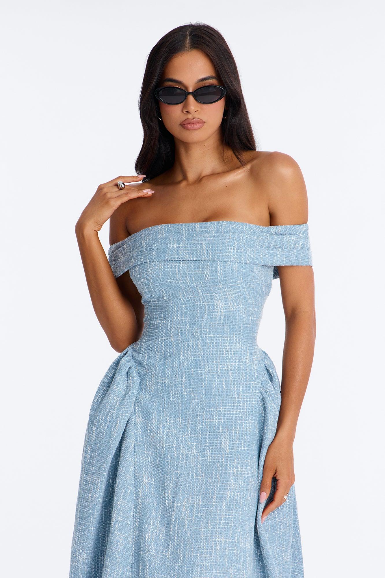 Paisley Off Shoulder Tweed Midi Dress - Denim Female Product Image