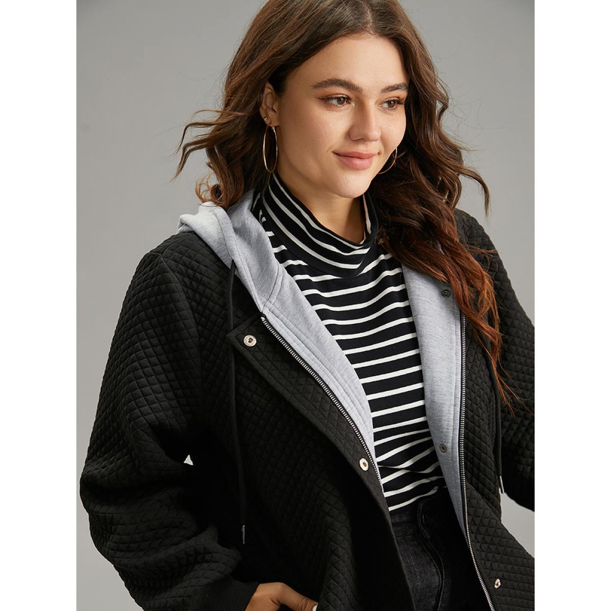 Plus Size Contrast Hooded Drawstring Pocket Zipper Fly Coat Women Black Rib Knit Pocket Dailywear Jackets BloomChic 22-24/3X Product Image