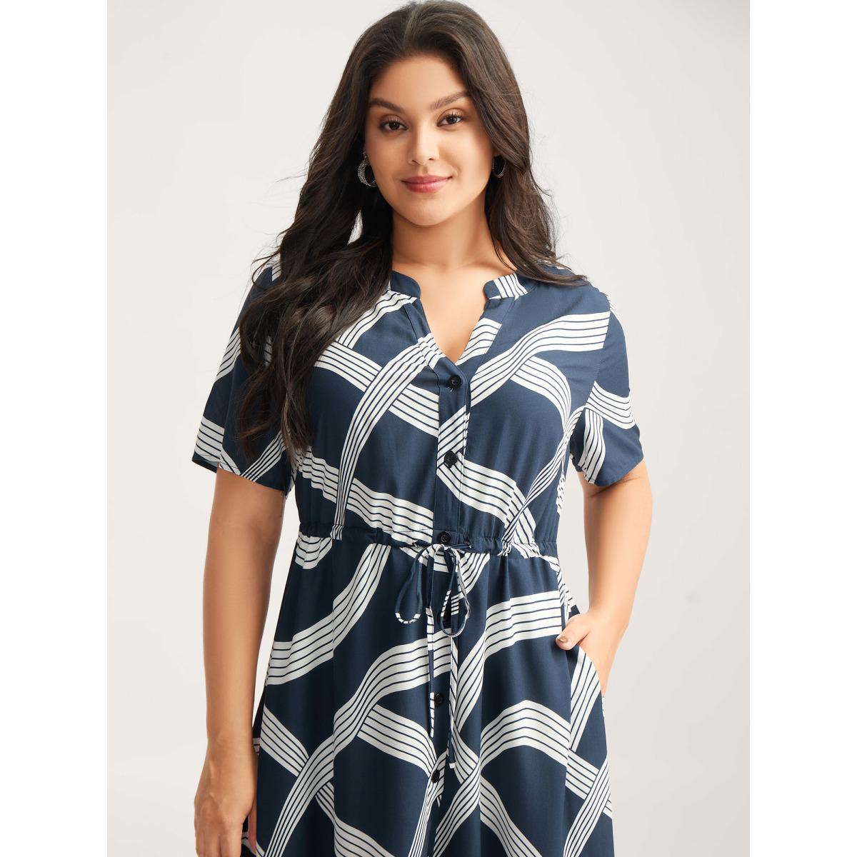 Plus Size Rayon Geometric Print Waist-Tie Midi Dress Indigo Women Flat collar with V-notch Short sleeve Curvy BloomChic 18-20/2X Product Image