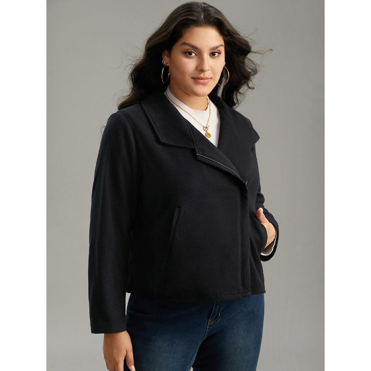 Plus Size Solid Lapel Collar Zipper Jacket Women Black Plain Pocket Everyday Jackets BloomChic 18-20/2X Product Image