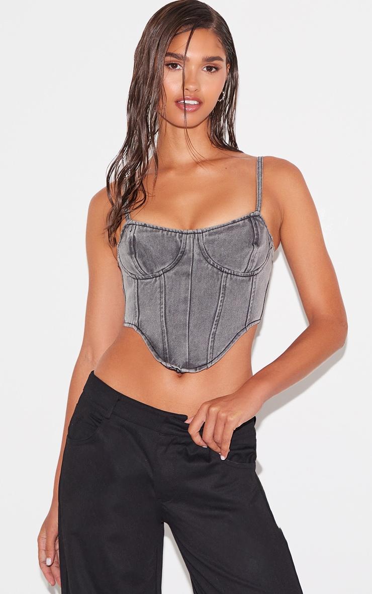 Washed Grey Dipped Hem Denim Corset Product Image