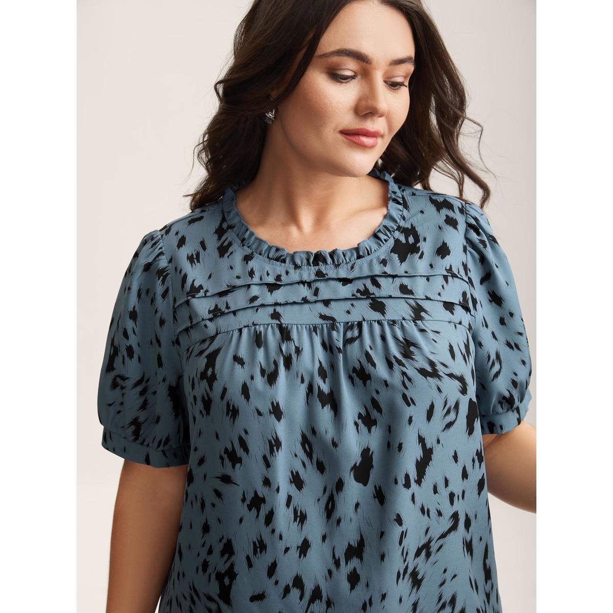 Plus Size Stone Leopard Print Toothpick Pleat Blouse Women Office Short sleeve Round Neck Office Blouses BloomChic 12/L Product Image