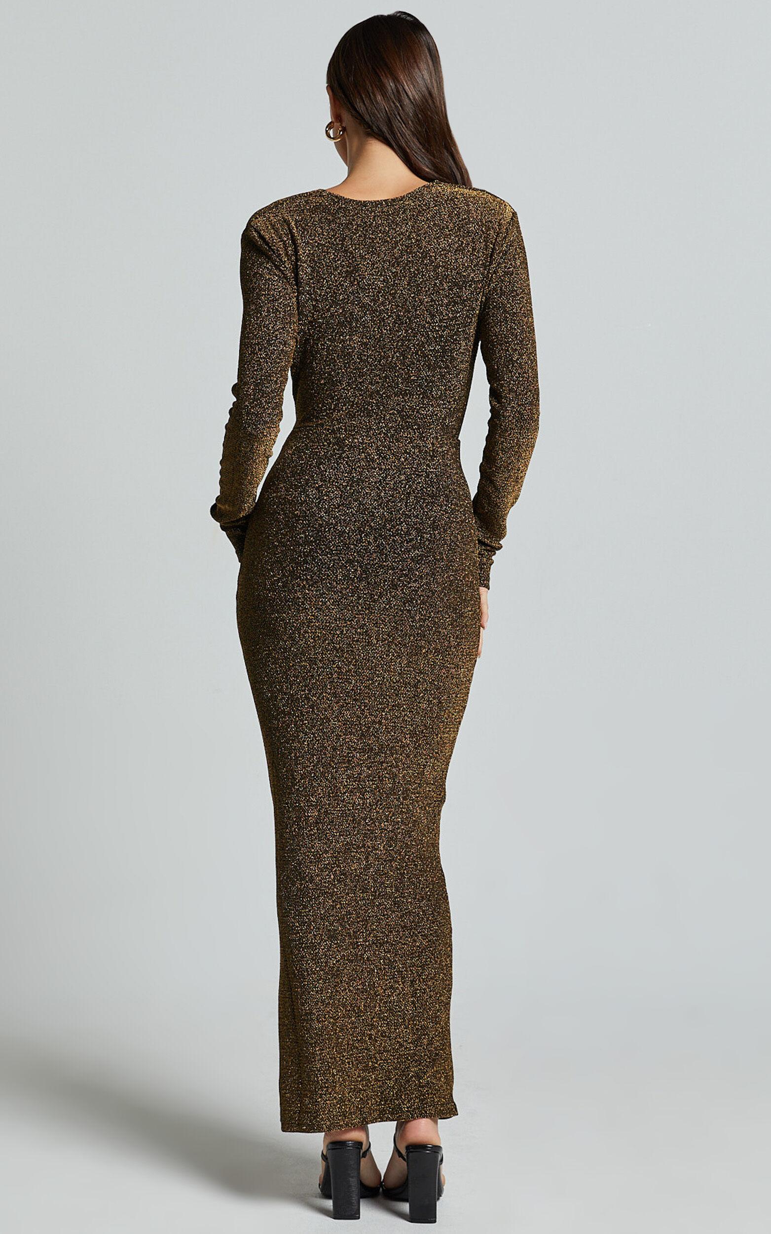 Paisley Midi Dress - Plunge Cowl Neck Long Sleeve Glitter Jersey Dress in Gold Product Image