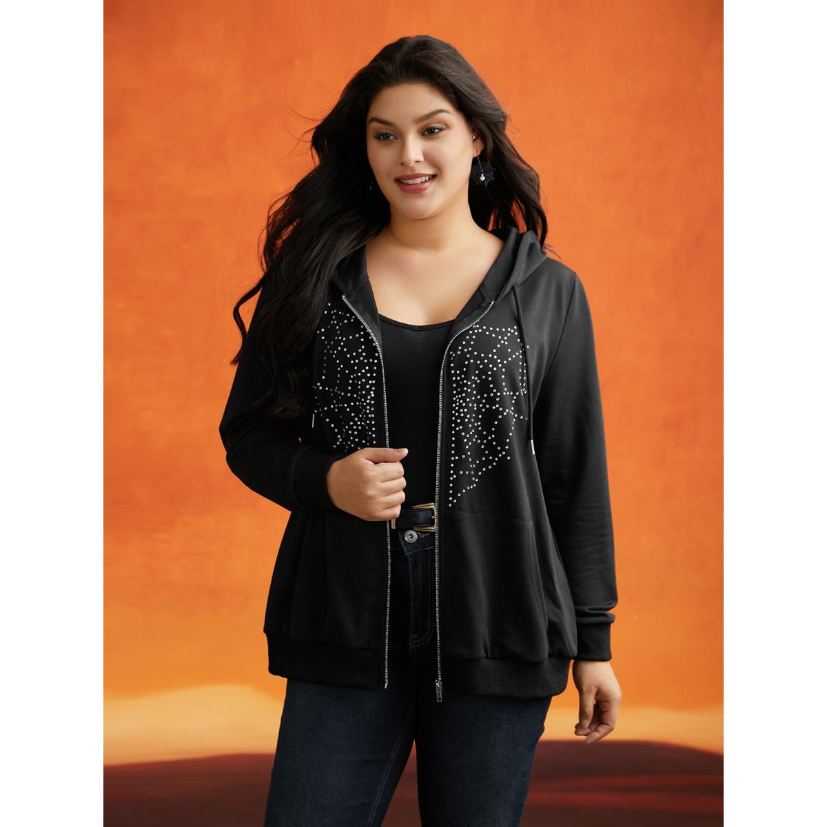 Plus Size Diamond Embellished Spiderweb Zipper Sweatshirt Women Black Casual Rhinestone detailing Loose Hooded Everyday Sweatshirts BloomChic 26/4X Product Image