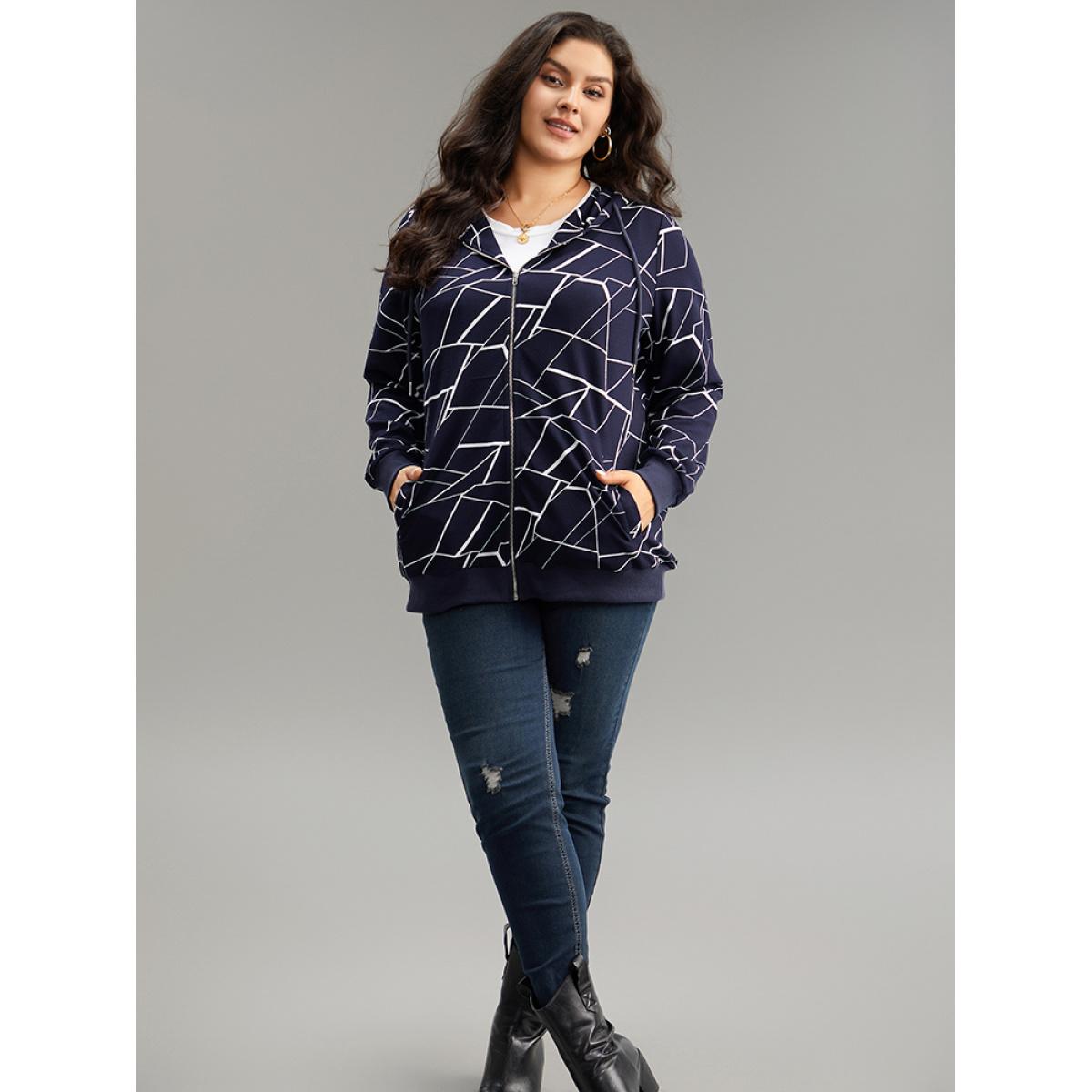 Plus Size Geometric Zipper Hooded Drawstring Sweatshirt Women Midnight Casual Printed Hooded Dailywear Sweatshirts BloomChic 28/5X Product Image