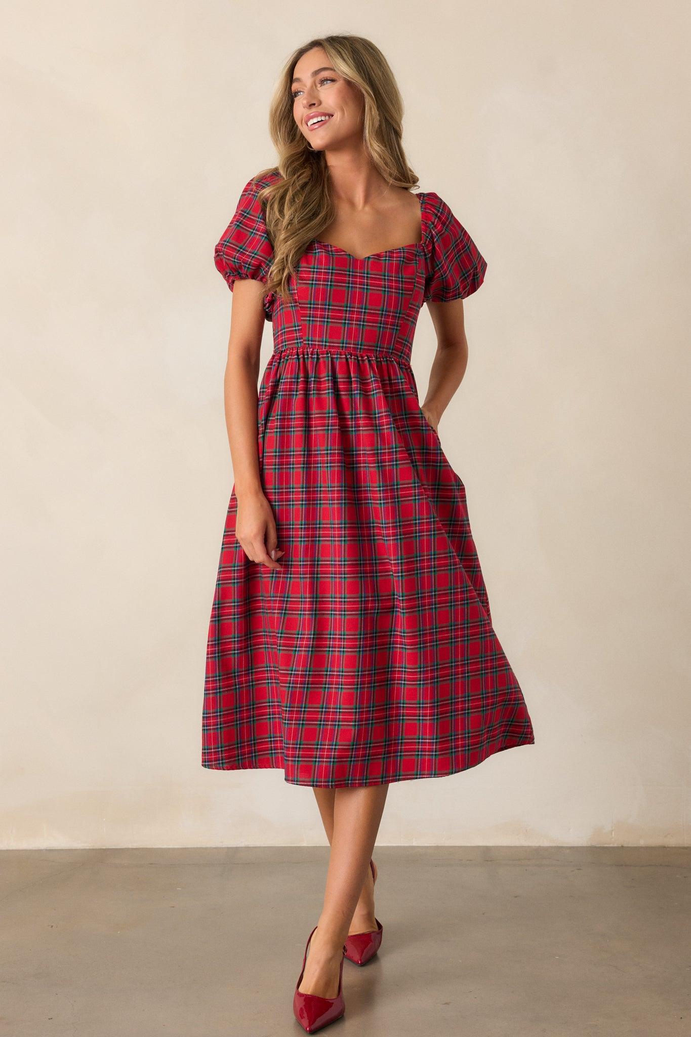 Always You Cotton Red Plaid Puff Sleeve Midi Dress Product Image
