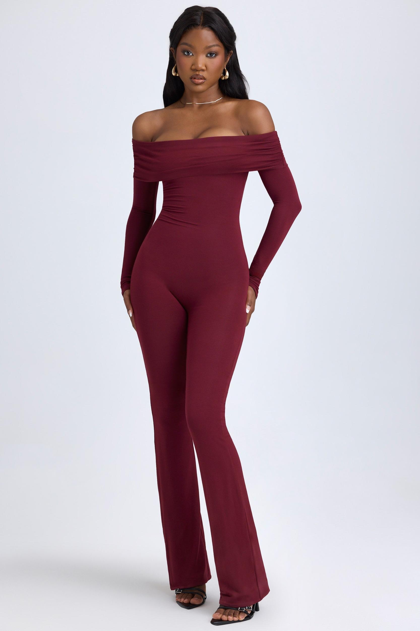 Modal Off-Shoulder Ruched Jumpsuit in Wine Red Product Image
