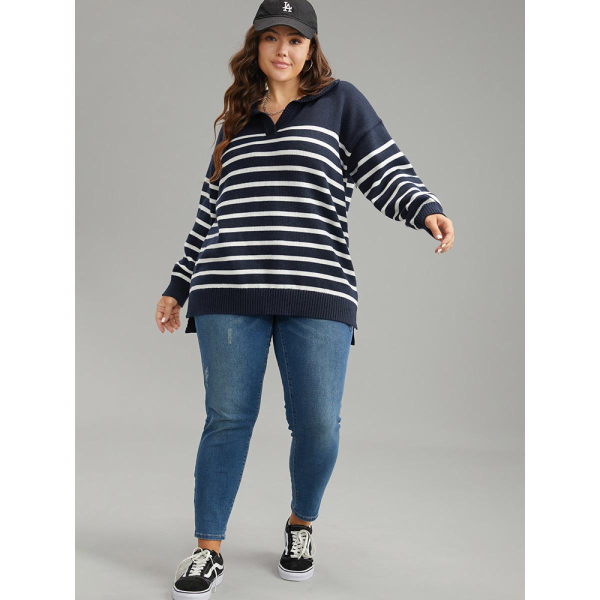 Plus Size Polo Striped Print Split Side Pullover Midnight Women Casual Loose Long Sleeve Polo Dailywear Pullovers BloomChic 12/L Product Image