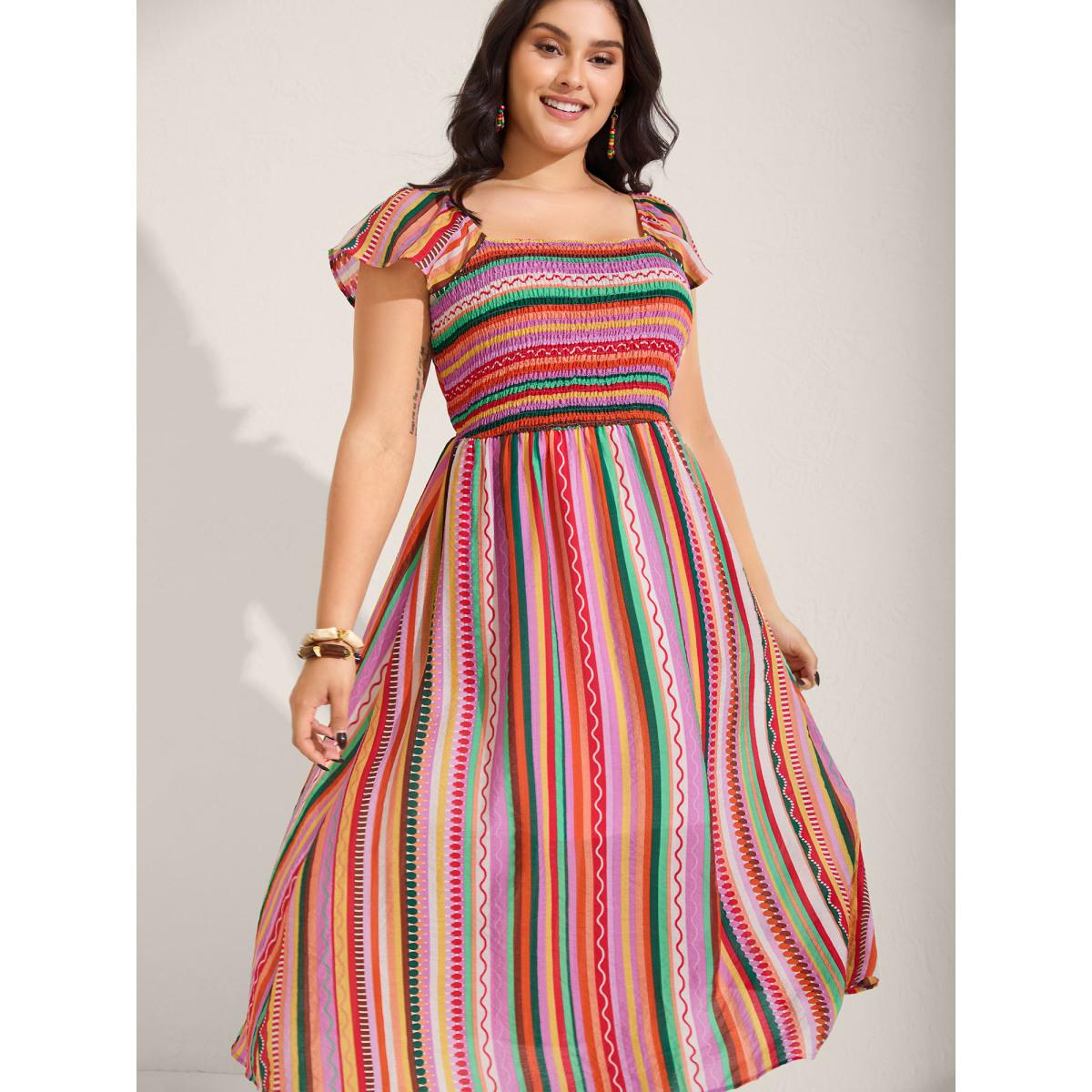 Plus Size Colorful Stripe Flutter Sleeve Pockets Midi Dress Multicolor Women Playful Square Neck Cap Sleeve Curvy BloomChic 10/M Product Image