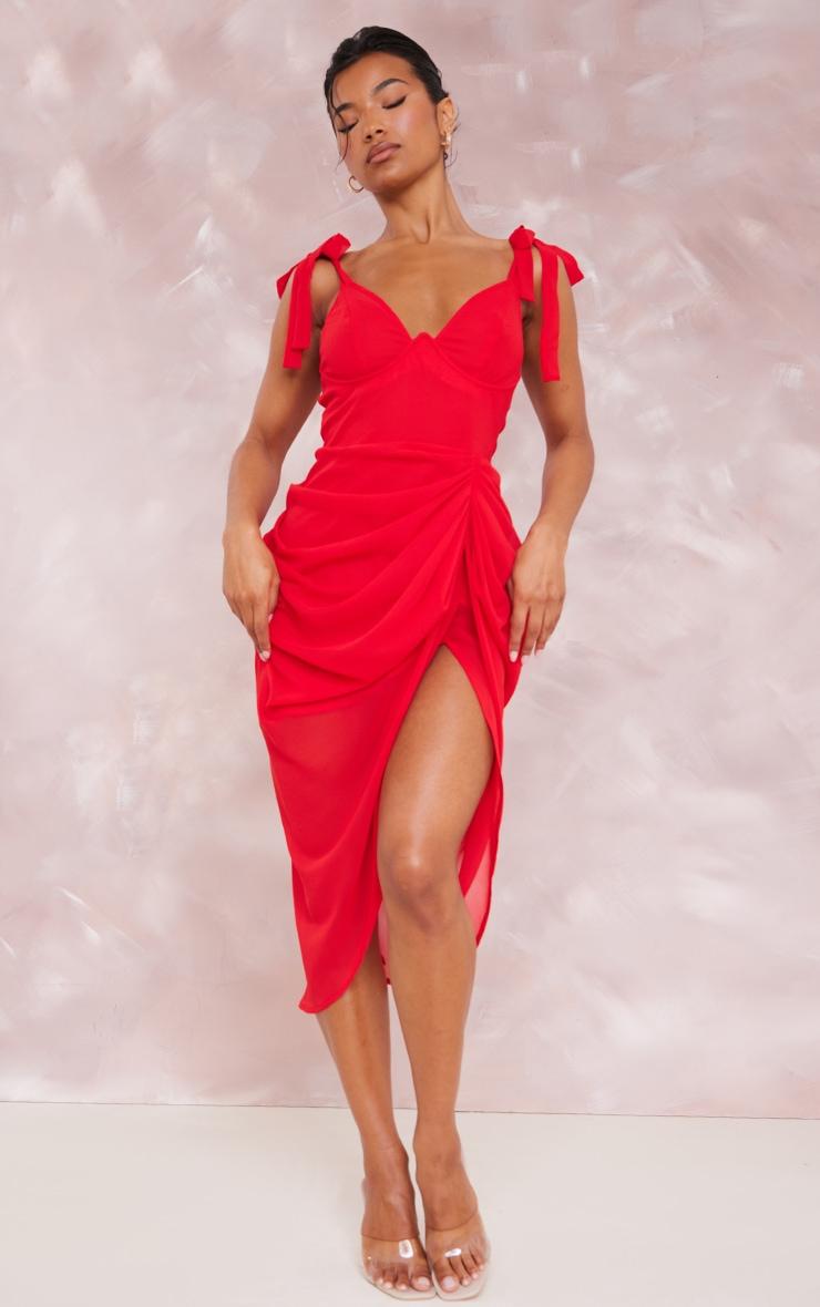 Red Underwire Detail Draped Midi Dress Product Image