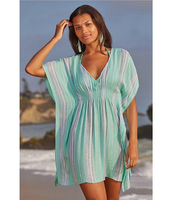 Becca By Rebecca Virtue Radiance Woven Metallic Stripe V-Neck Tunic Swim Cover-Up Product Image