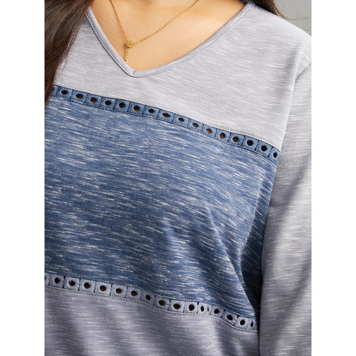 Plus Size Contrast Heather Patchwork Hollow Out Thick T-shirt Multicolor Women Elegant Thick Patchwork V-neck Dailywear T-shirts BloomChic 28/5X Product Image