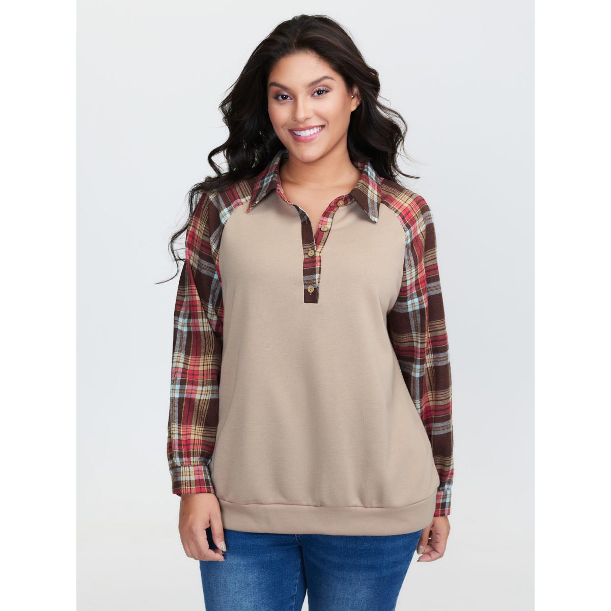 Plus Size Polo Collar Plaid Contrast Half-Placket Sweatshirt Women LightBrown Leisure Contrast Shirt collar Casual Sweatshirts BloomChic 14-16/1X Product Image