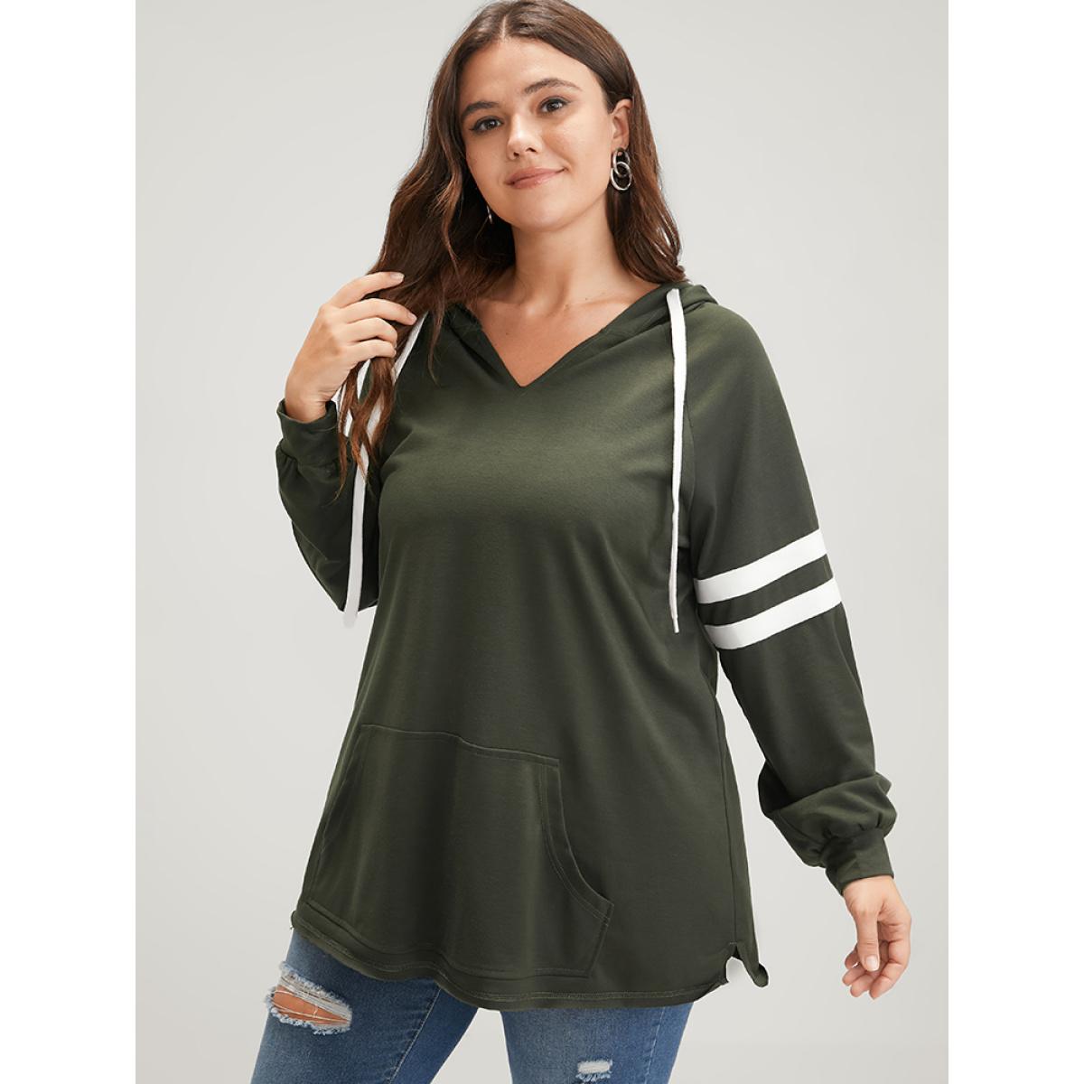 Plus Size Solid Contrast Pocket Drawstring Hooded Sweatshirt Women ArmyGreen Casual Contrast Hooded Dailywear Sweatshirts BloomChic 14-16/1X Product Image