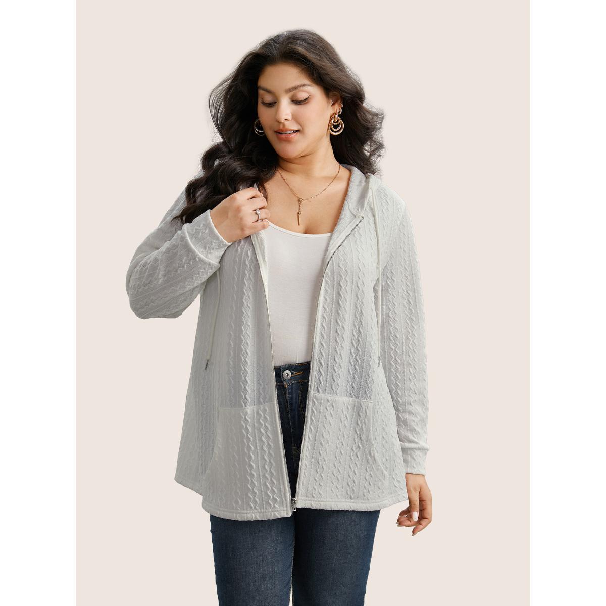 Plus Size Plain Textured Zipper Hooded Sweatshirt Women White Casual Non Hooded Everyday Sweatshirts BloomChic 12/L Product Image