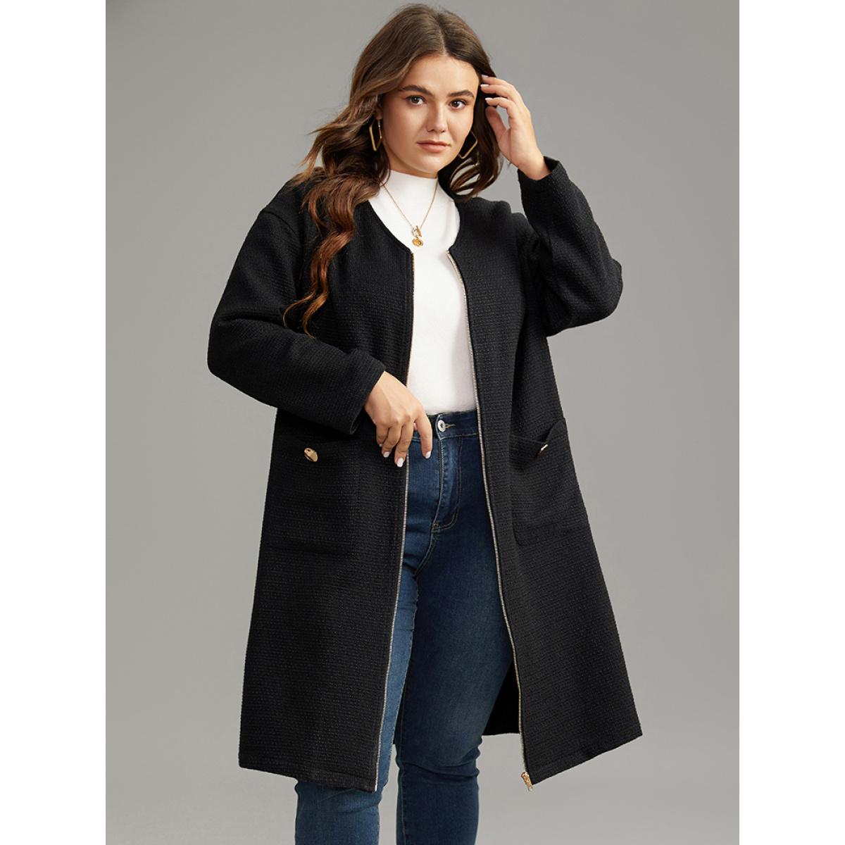 Plus Size Solid Tweed Pocket Metai Detail Zipper Coat Women Black Casual Plain Ladies Dailywear Winter Coats BloomChic 18-20/2X Product Image