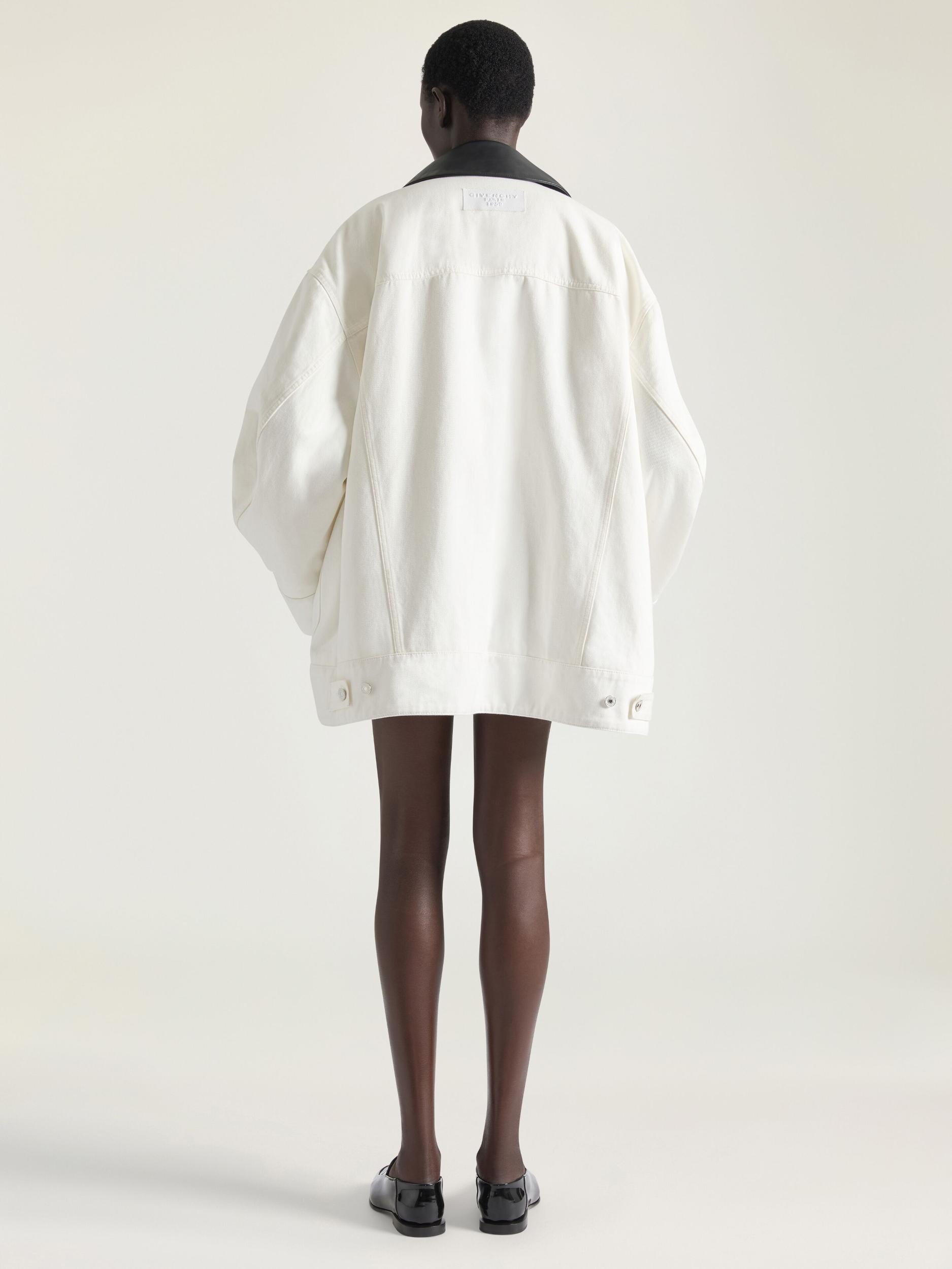 Cocoon jacket in white denim with leather collar Product Image