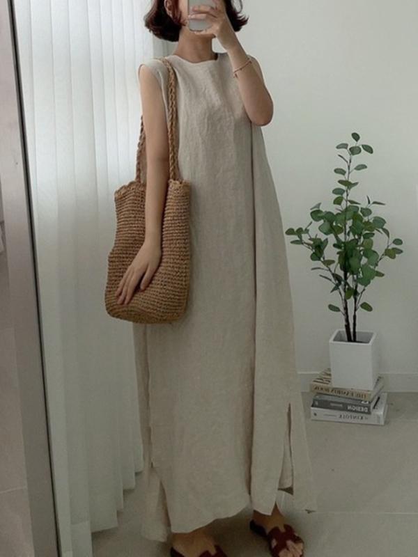 Casual Simple Solid Color Split-Side Round-Neck Sleeveless Midi Dress Product Image
