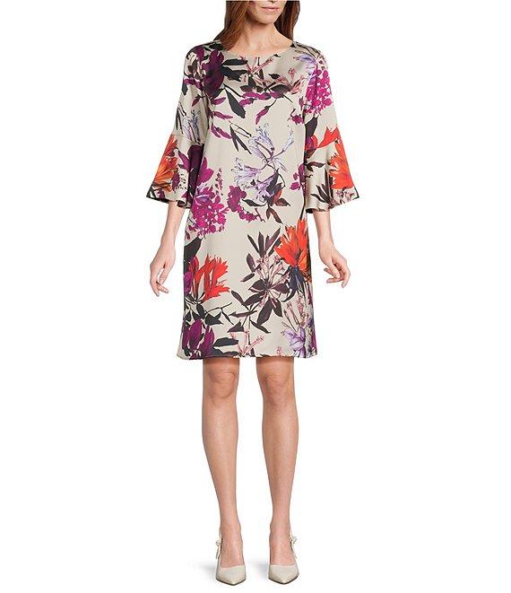 Caroline Rose Bella Floral Print Satin Round Neck 3/4 Bell Sleeve Shift Dress Product Image
