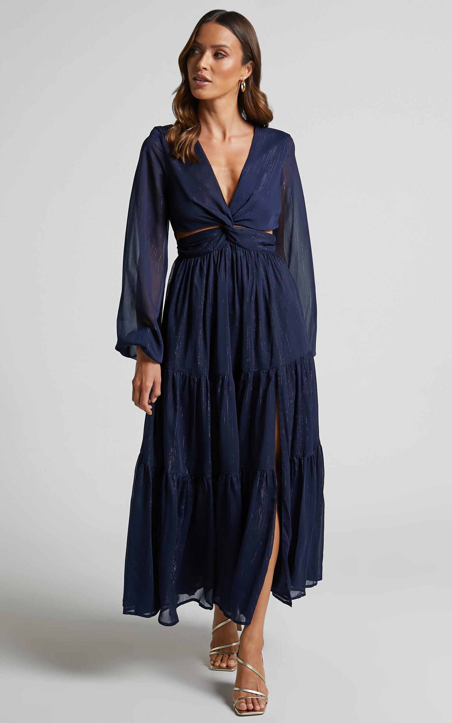 Edelyn Midi Dress - Cut Out Balloon Sleeve Tiered Dress in Navy Product Image