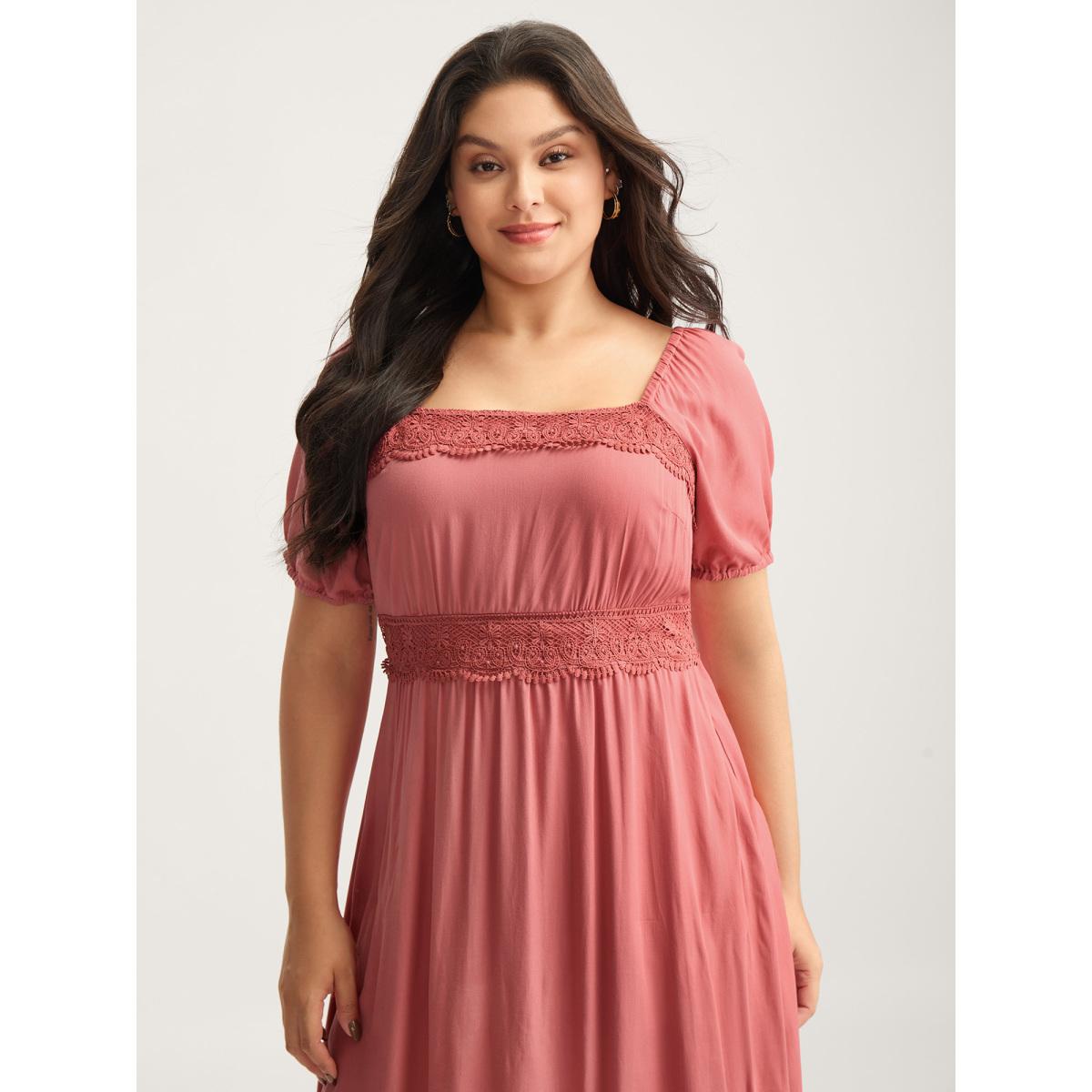 Plus Size Lace Trim Stretchy Waist Pockets Midi Dress Rouge Women Square Neck Short sleeve Curvy BloomChic 22-24/3X Product Image