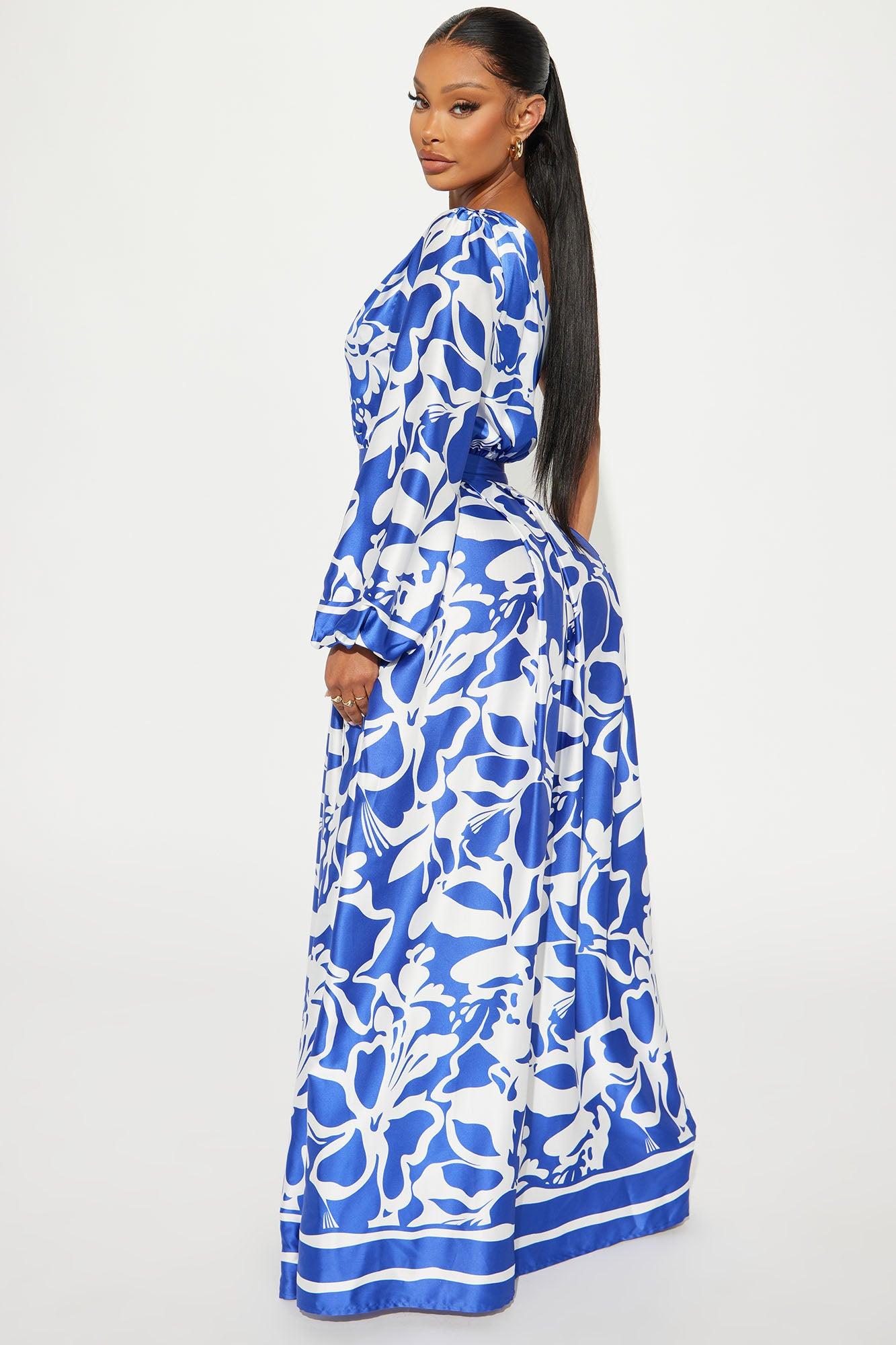 Vacation Destination Satin Maxi Dress - Blue/combo Product Image