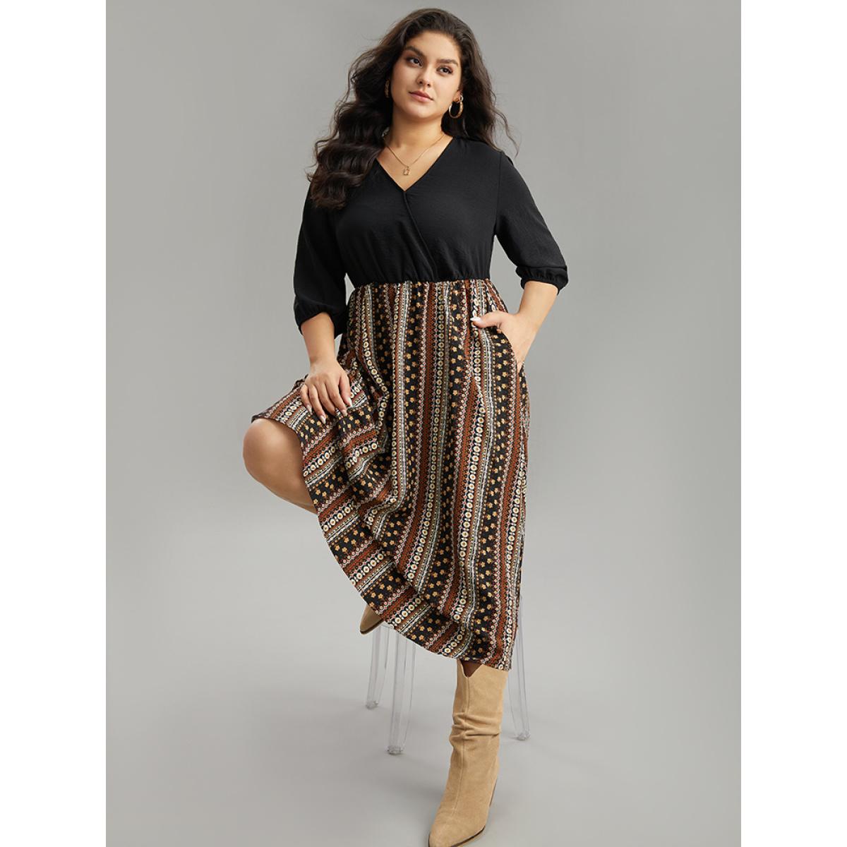 Plus Size Bandana Striped Patchwork Wrap Dress Black Women Vacation Elastic cuffs V-neck Elbow-length sleeve Curvy Midi Dress BloomChic 30/6X Product Image