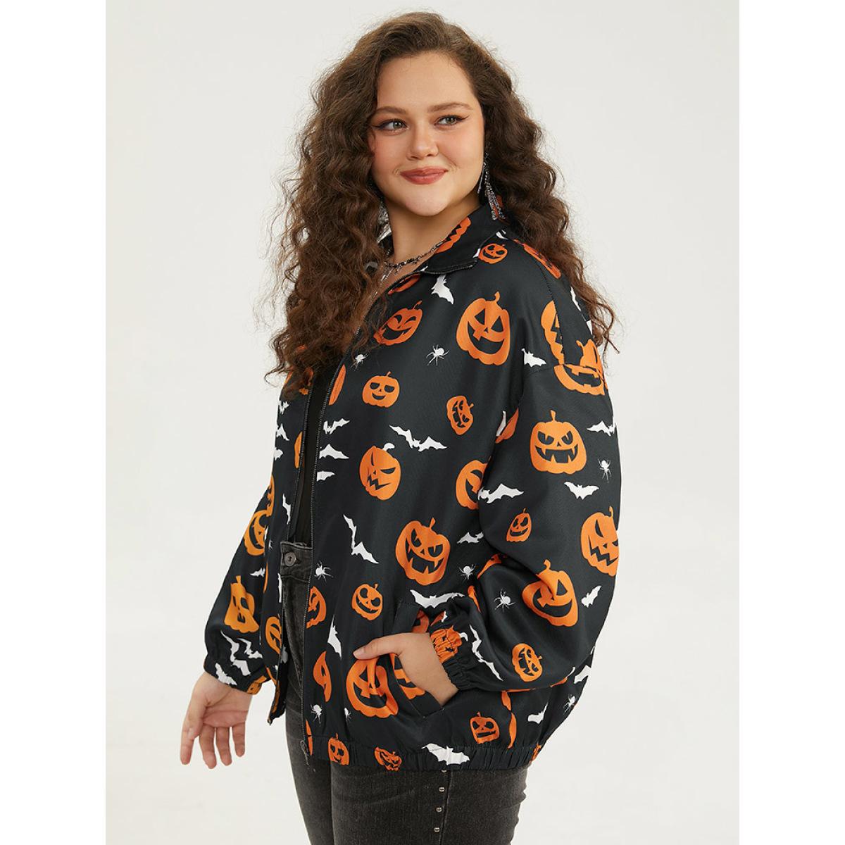 Plus Size Halloween Graphic Zipper Fly Pocket Coat Women Black Casual Elastic cuffs Ladies Dailywear Winter Coats BloomChic 14-16/1X Product Image