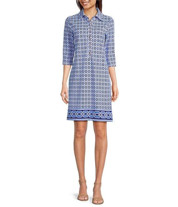 Jude Connally Susanna Terrace Geo Border Print Point Collar 3/4 Sleeve Polished Classic Shirt Dress Product Image