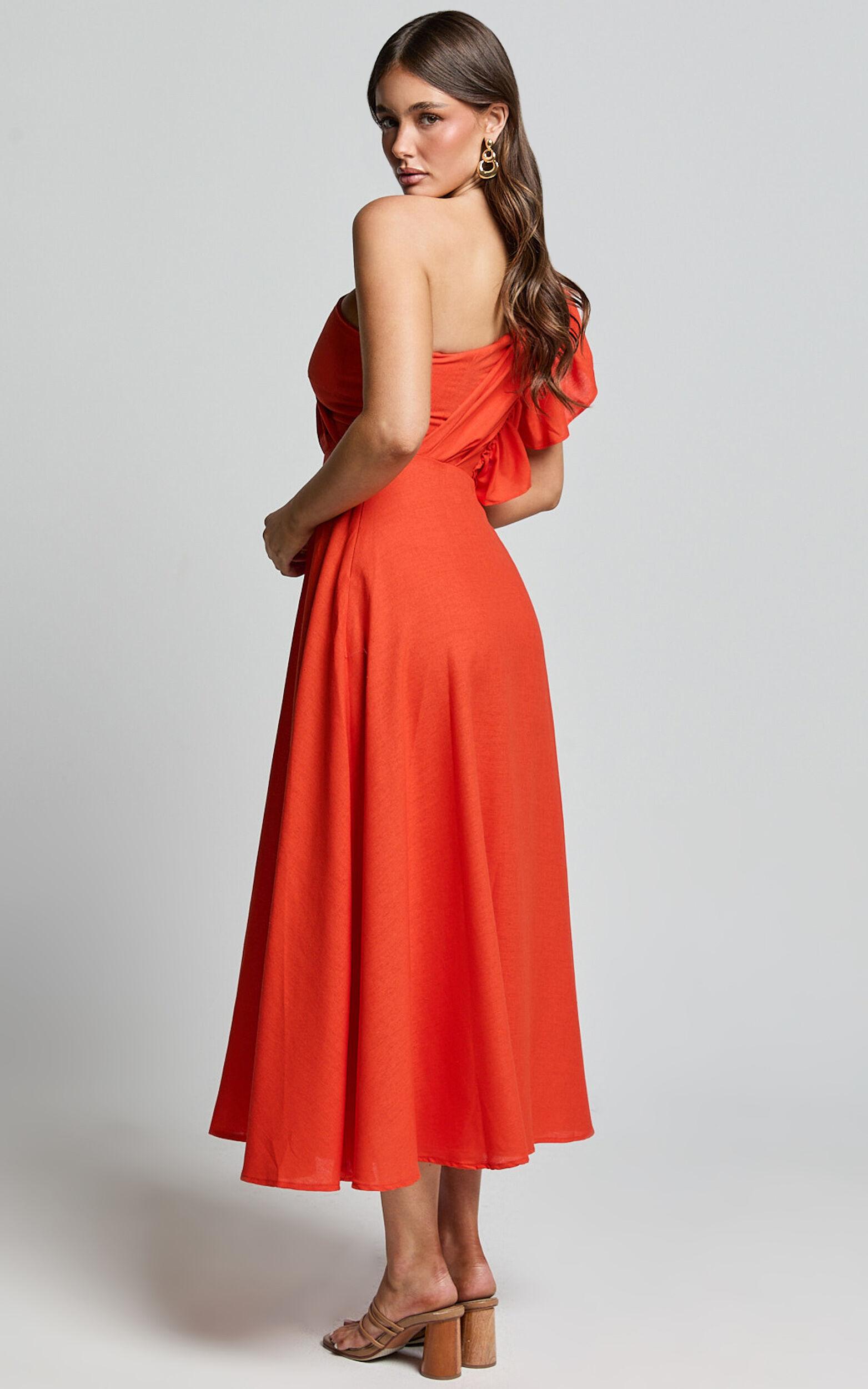 Dixie Midi Dress - Linen Look One Shoulder Ruffle Dress in Red Orange Product Image