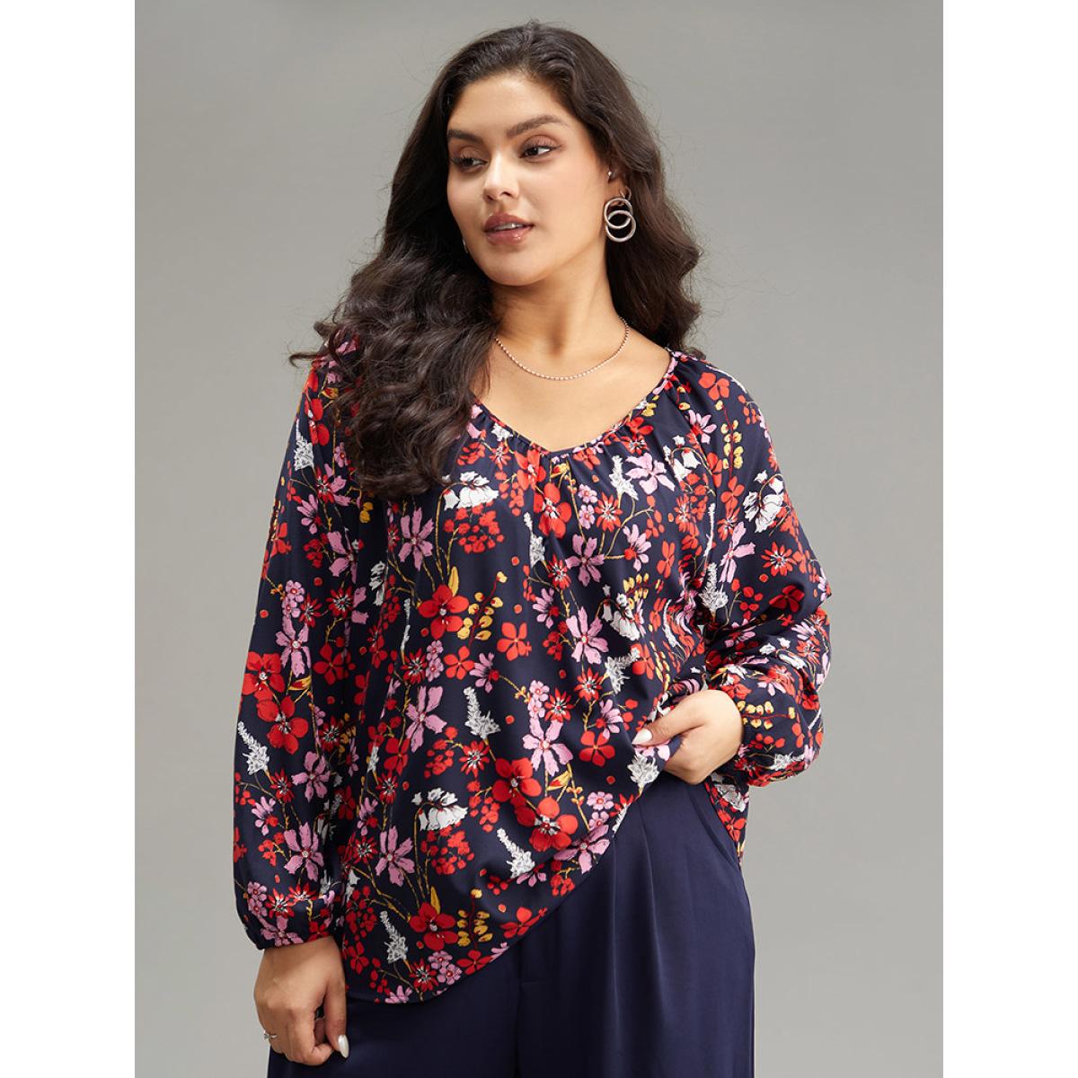 Plus Size Multicolor Floral Print Gathered Lantern Sleeve Blouse Women Elegant Long Sleeve V-neck Dailywear Blouses BloomChic 22-24/3X Product Image