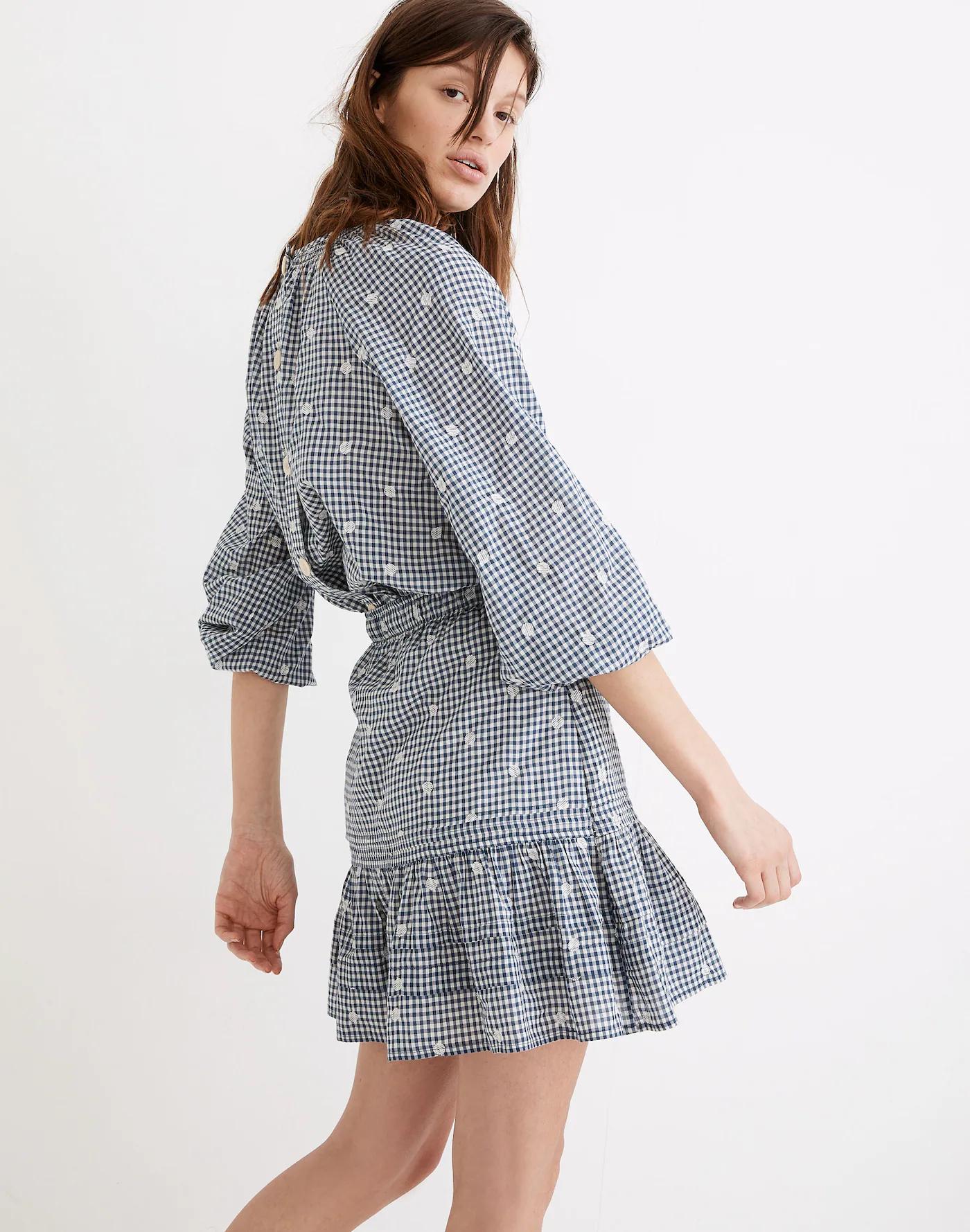 Embroidered Tiered Pull-On Mini Skirt in Gingham Check Product Image