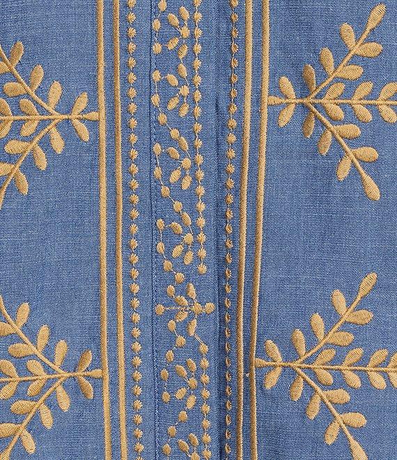 Calessa Embroidered Chambray Split V-Neck Bracelet Sleeve Tunic Product Image