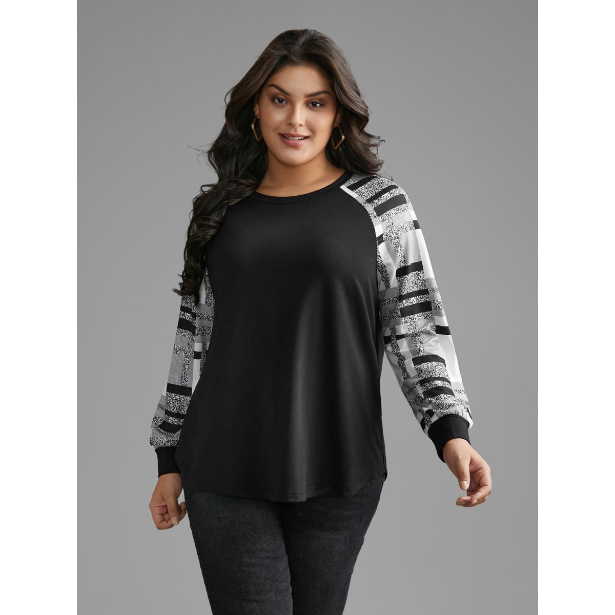 Plus Size Colorblock Contrast Raglan Sleeve Sweatshirt Women Black Casual Contrast Loose Round Neck Everyday Sweatshirts BloomChic 12/L Product Image