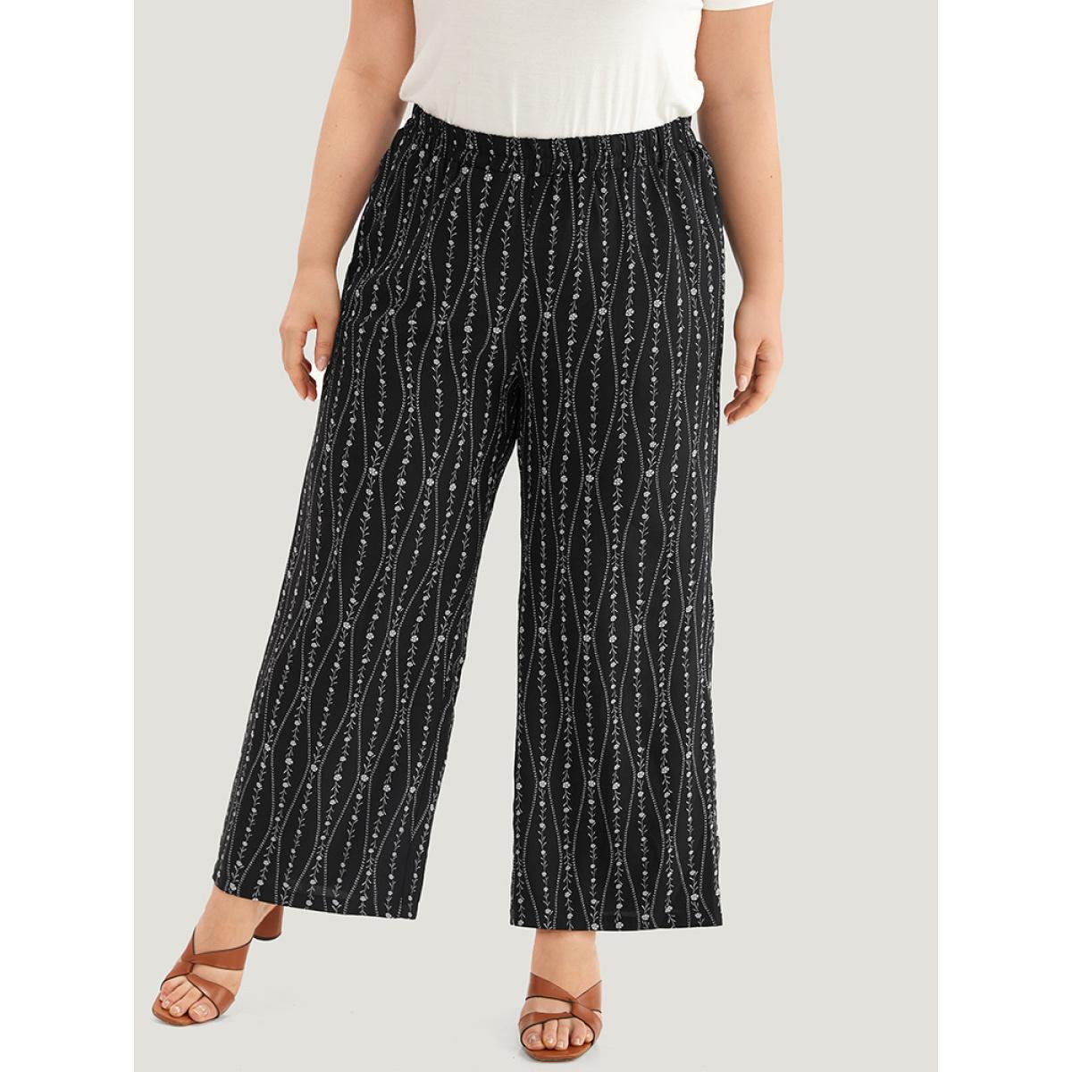 Plus Size Striped Ditsy Floral Elastic Waist Pants Women Black Vacation Straight Leg High Rise Dailywear Pants BloomChic 18-20/2X Product Image